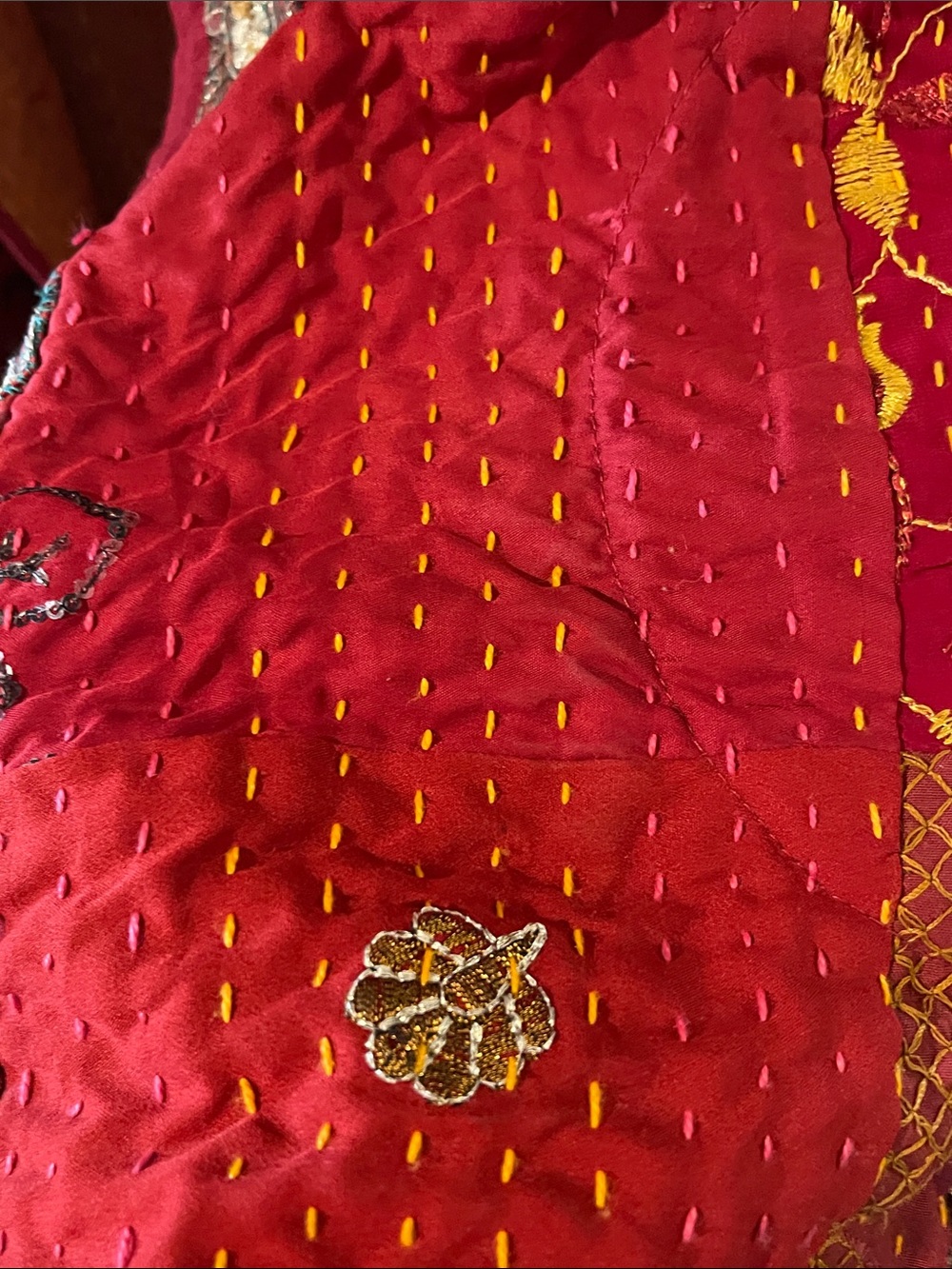 Red Patchwork Kantha Quilted Jacket with Embroidery XL-1X Kantha Jacket - Picture 10 of 15